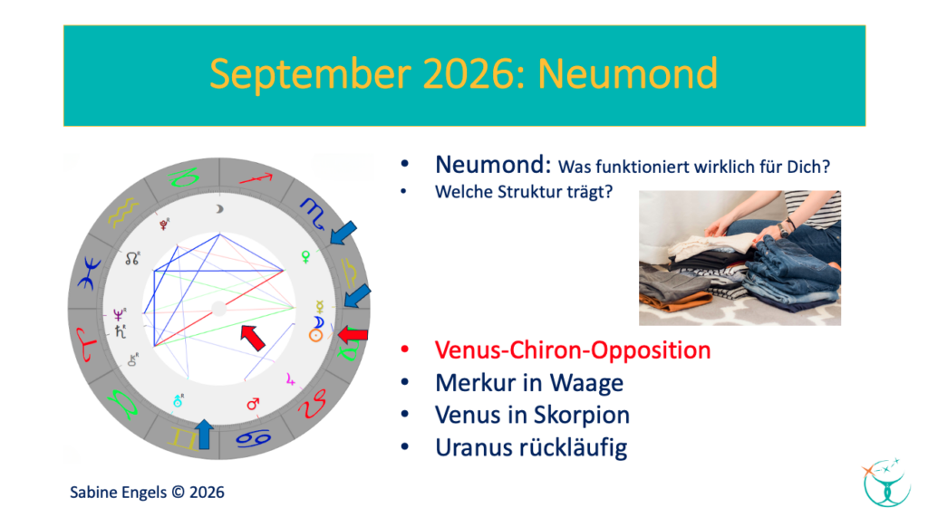 Neumond in der Jungfrau am 11. September 2026 mit Venus-Chiron-Opposition, Merkur in Waage, Venus in Skorpion und rückläufigem Uranus
