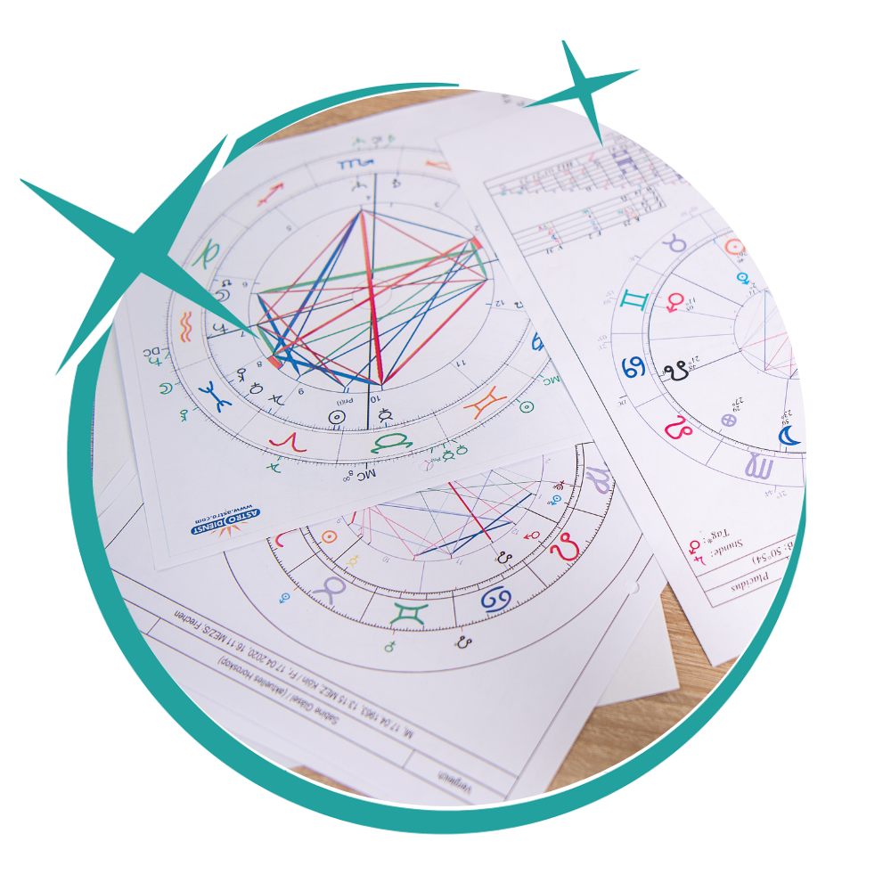 Resilienz im Horoskop: Mehrere astrologische Horoskope mit Tierkreiszeichen, Häusern, Planeten und Aspektlinien.