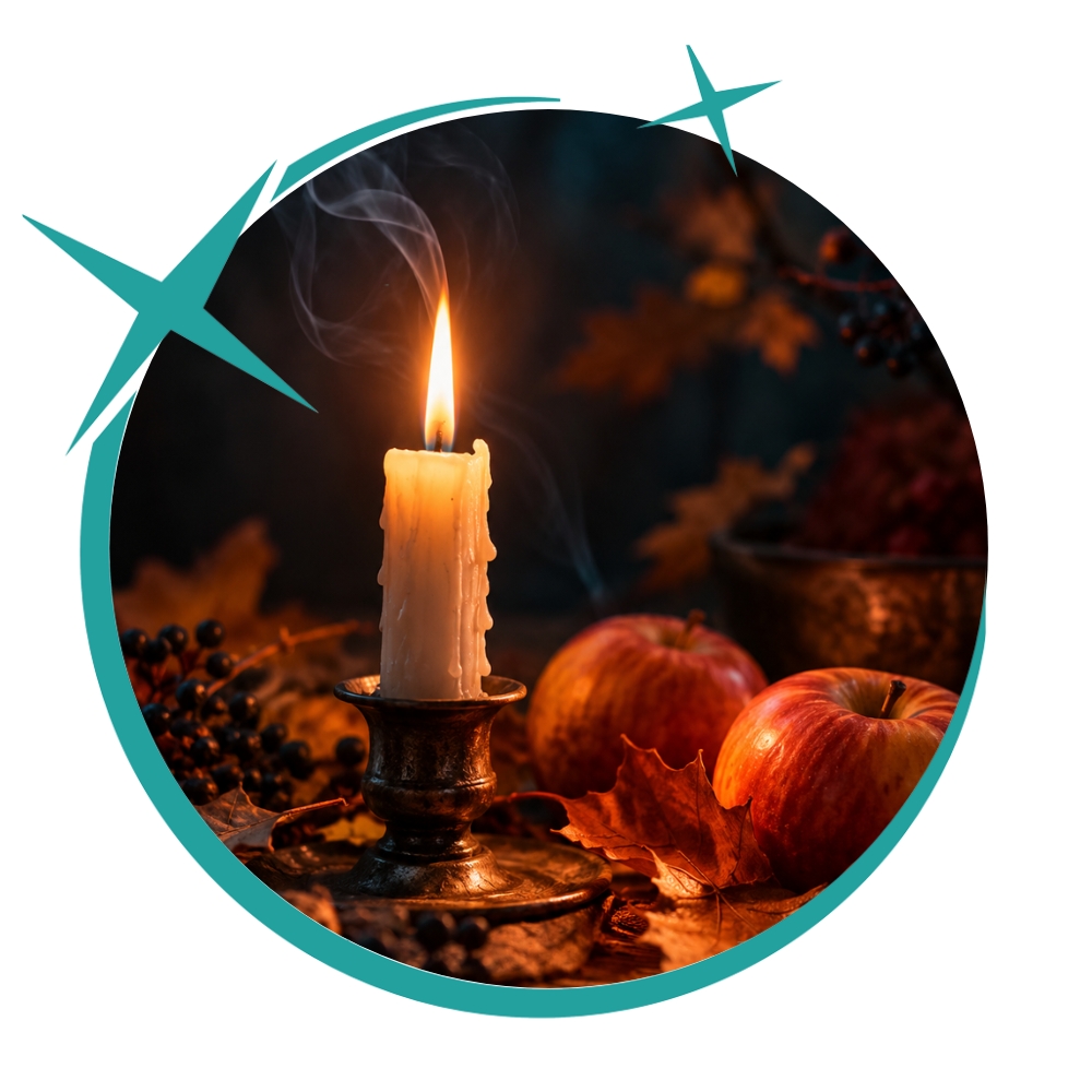 Kerze, Äpfel und Herbstlaub zu Samhain am 31. Oktober